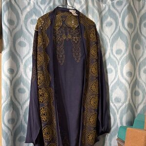 Free People Navy and mustard Embroidered shrug